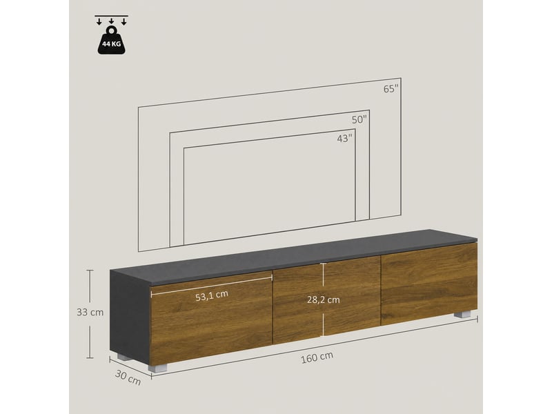  Meuble tv suspendu ou sur pied 160 cm pour téléviseur 65 pouces, porte à fermeture, noyer, passe-câbles  - Conforama C