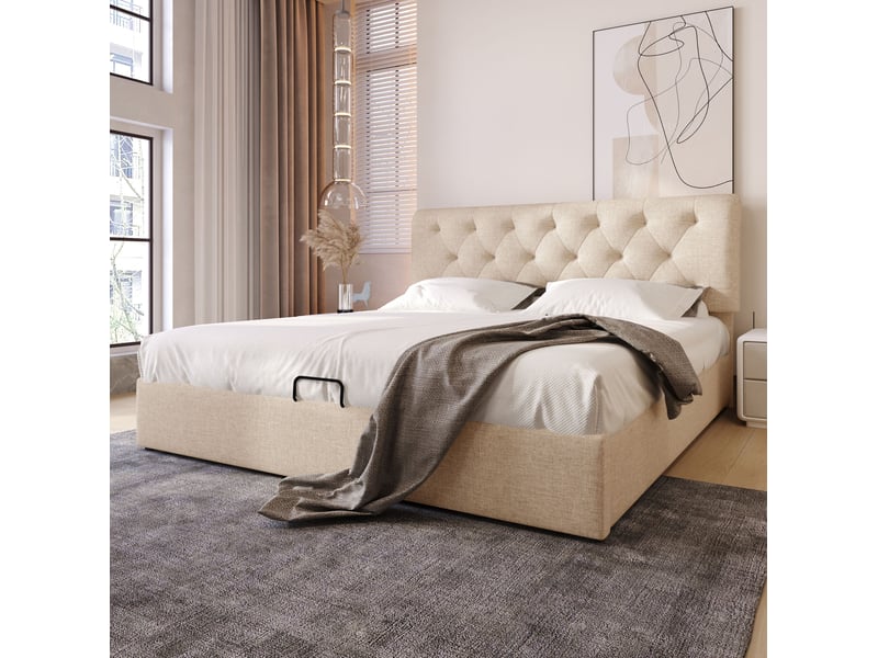 Lit coffre 2 places 160x200 cm avec tête réglable, sommier relevable, structure métal, revêtement lin naturel, matelas inclus - Conforama E