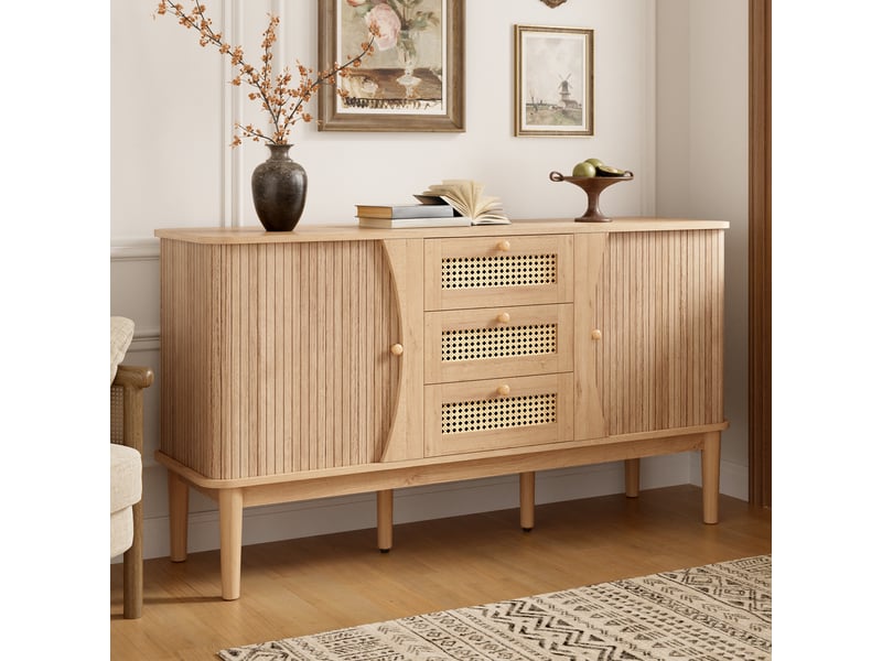  Buffet 141 x 40 x 77 cm, commode avec portes coulissantes, étagères réglables et plateau aux angles arrondis, décor rotin naturel ABC - Conforama B
