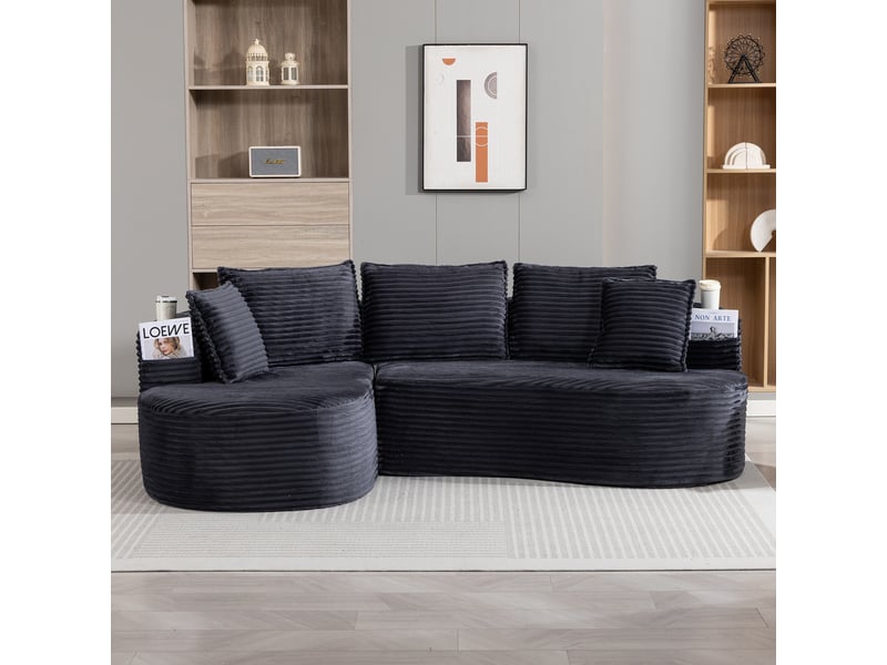 Canapé incurvé 3 places - 250 x 152 x 82 cm - avec porte-gobelets, poche latérale et 5 coussins, velours côtelé gris foncé - Conforama D