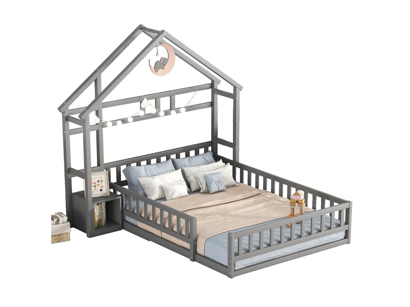 Lit cabane enfant 140x200, lit au sol avec barrière, lit gris avec table de chevet en bois massif pour chambre d'enfant. - Conforama A