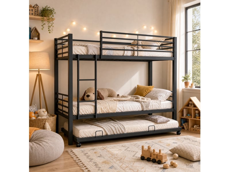 Lit superposé enfant 90x200 cm avec lit gigogne 90x190 cm en métal noir - Conforama D