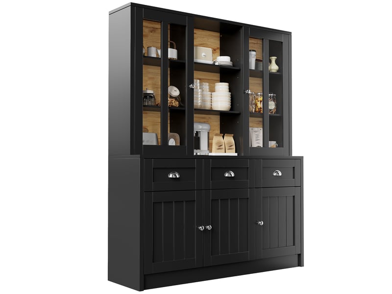  Meuble de cuisine muvano, buffet haut noir avec tiroirs et portes vitrées, 140 × 38,5 × 175 cm  - Conforama A