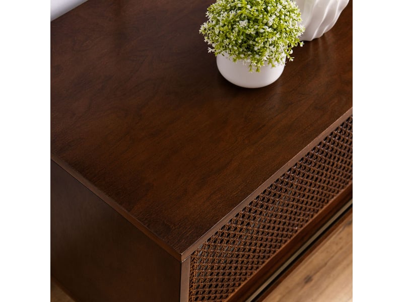  Meuble tv meuble de salon bois clair style mid-century modern portes en rotin pieds en bois massif teinte bois clair  - Conforama D