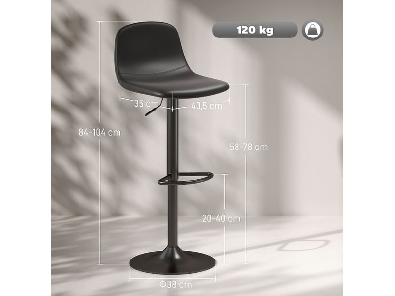 Tabouret de bar lot de 2 réglable en hauteur, pivotant avec dossier et repose-pieds en similicuir noir - Conforama C