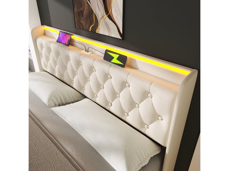  Lit coffre 140x200cm, espace de rangement, éclairage led, port de charge usb, type-c, incluant un matelas, pu, blanc  - Conforama E