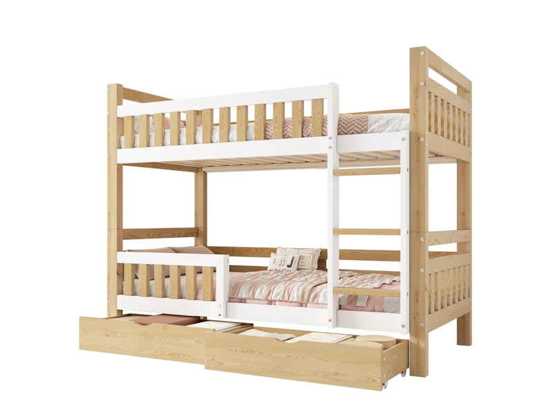  Lit superposé enfant 90x200 cm avec 2 tiroirs, transformable en 2 lits simples bois couleur blanc et naturel sans matelas  - Conforama A