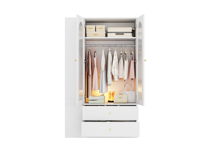 Armoire avec 2 portes en verre strié, 4 tiroirs et espace penderie, pour la chambre, en mdf blanc, 120 × 50 × 200 cm - Conforama A