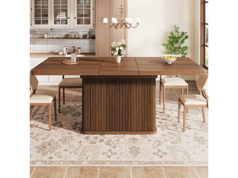  Table à manger extensible 140-180 x 80 x 76,5 cm avec rangement caché et piètement à relief vertical, mdf et métal, marron OMNIGLINT TRADING LTD - Conforama B