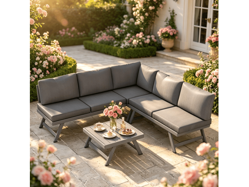  Salon de jardin d'angle 5 places gris en acier et aluminium, 4 pièces avec table basse et dossiers réglables  - Conforama D