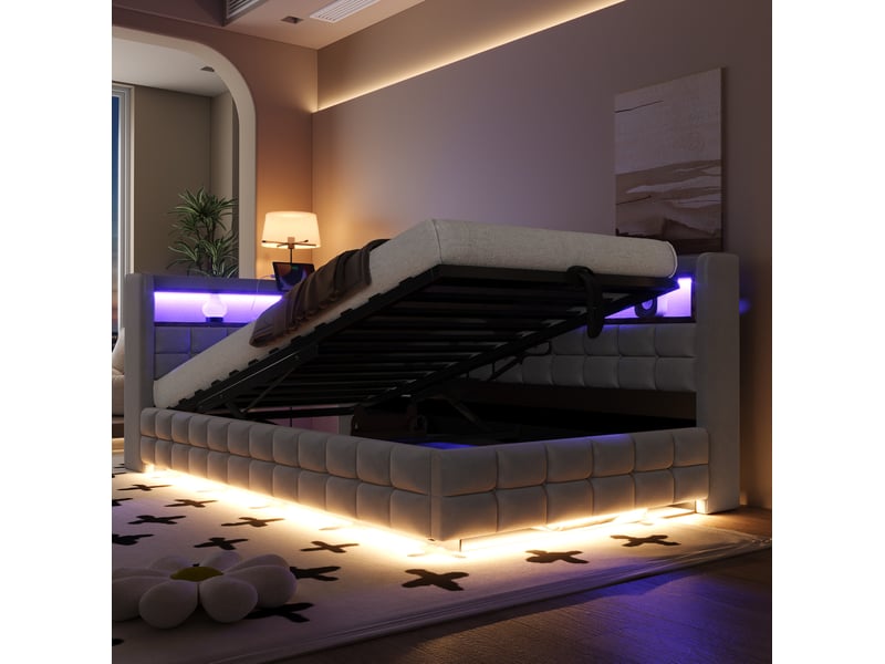  Lit coffre 90x200 cm, étagères en bois, velours, coloris gris clair, espace de stockage caché  - Conforama E