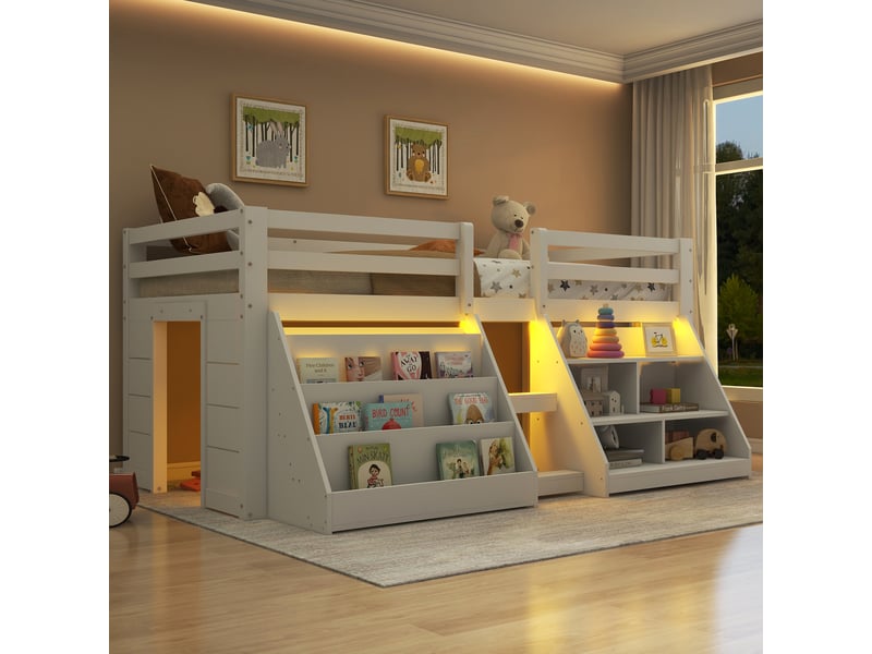  Lit mezzanine enfant 90 × 200 cm 1 place avec étagères, led réglable et barrière, sans matelas, blanc  - Conforama C