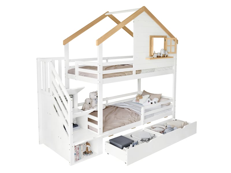  Lit superposé cabane 90x200 cm - avec fenêtres et échelle de rangement, espace de stockage sous le lit, mdf, blanc, sans matelas  - Conforama A