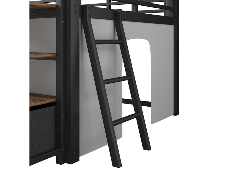  Lit mezzanine enfant 140 x 200 cm noir en métal et mdf, bureau, rangements, tiroirs en tissu et led  - Conforama E