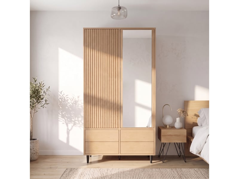  Armoire 90x45x200 cm avec 4 tiroirs et miroir, mdf et métal, coloris bois, rangement chambre et dressing, rangement  - Conforama D