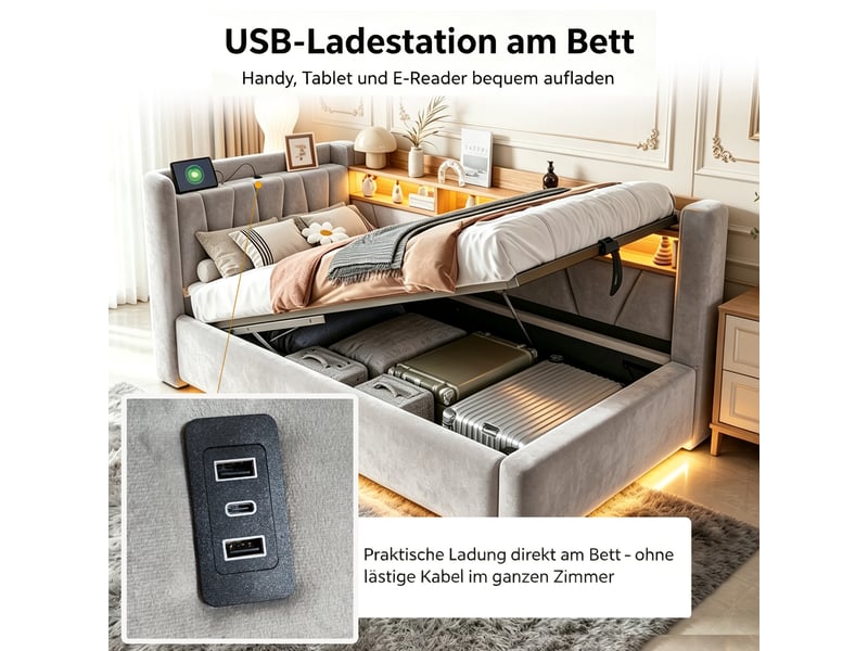  Lit banquette coffre 90x200cm avec levage hydraulique, led, usb, dossier avec rangements, accoudoir et velours gris pour chambre enfant et rangement  - Conforama E