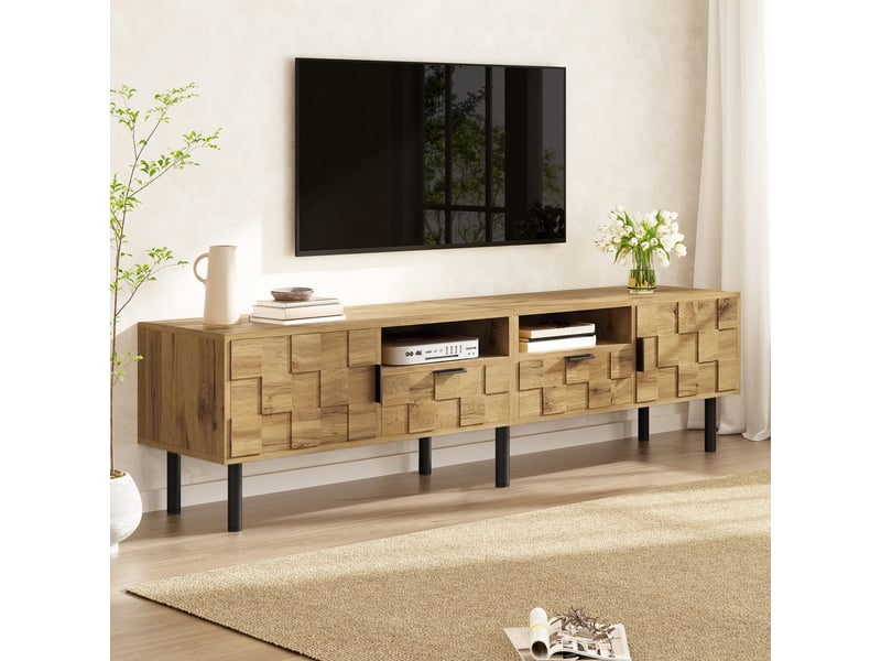  Meuble tv 160x35x42,5 cm, 2 portes, 2 tiroirs, passe-câbles, façades texturées, pieds métal, grand rangement pour salon - naturel  - Conforama D