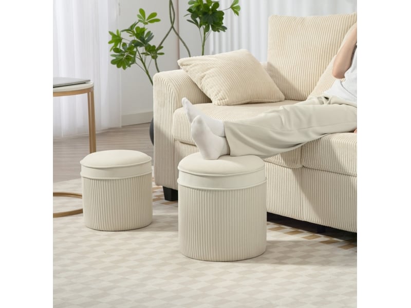  Lot de 2 poufs ronds avec rangement et couvercle, polyester crème, 36 x 41,5 cm  - Conforama B