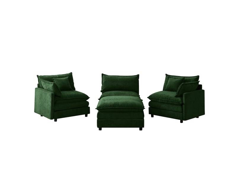  Canapé d’angle modulable 3 places avec pouf, tissu chenille vert, 267x154x85 cm  - Conforama R