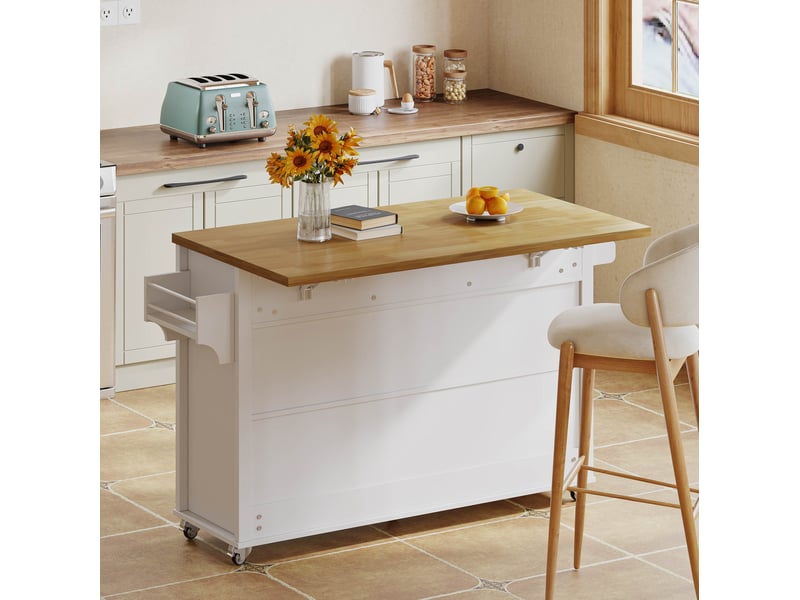  Îlot de cuisine mobile 140 x 4370 x 90,5 cm, 4 portes, 3 tiroirs, blanc naturel  - Conforama D