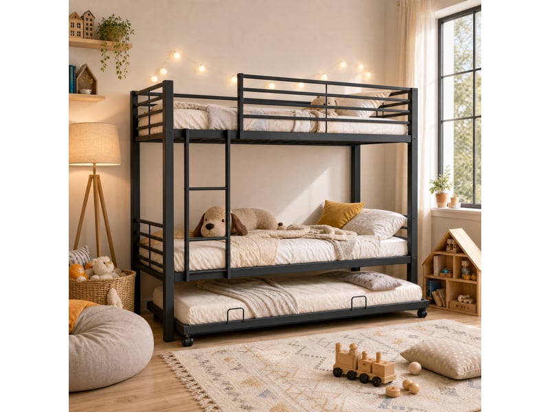  Lit superposé 90x200 certifié en 747 avec lit tiroir, lit enfant en métal avec barrière et échelle, gain de place pour 3 personnes et fratrie, noir  - Conforama D