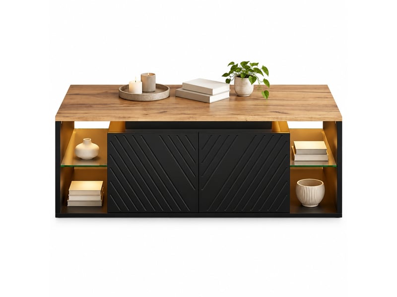  Table basse noire et décor bois 100 x 50 x 41 cm avec led, rangements semi-ouverts et 2 portes  - Conforama A
