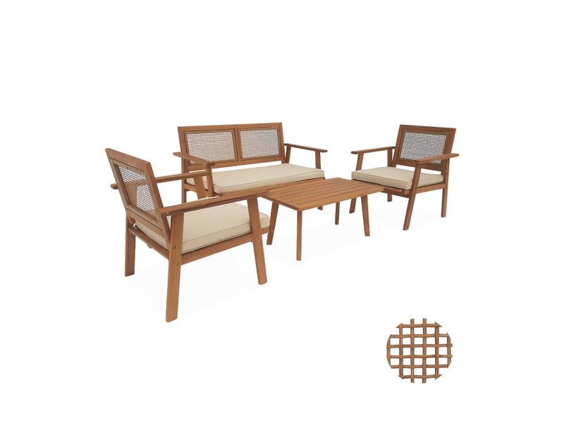 Salon de jardin. Bohémia. Cannage carré. Canapé 2 places. 2 fauteuils. 1 table basse 117x64x74 cm  - Conforama D