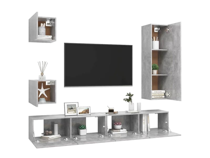  Ensemble de meuble tv - banc tv - meuble de rangement 5 pcs gris béton bois d'ingénierie  - Conforama C
