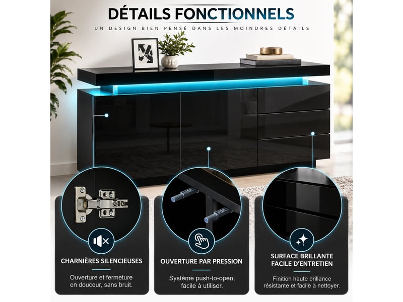Buffet noir brillant commode de rangement moderne avec éclairage led armoire de cuisine avec 2 portes, 3 tiroirs 140 x 38 x 72 cm - Conforama B