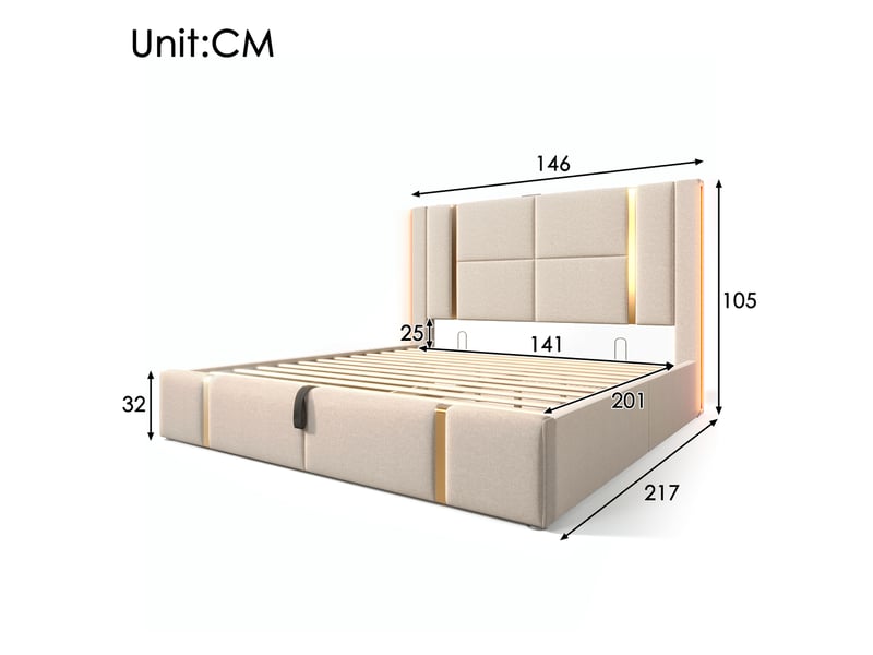  Lit coffre 2 places 140x200 cm led avec ports usb et type-c, beige, matelas inclus  - Conforama C