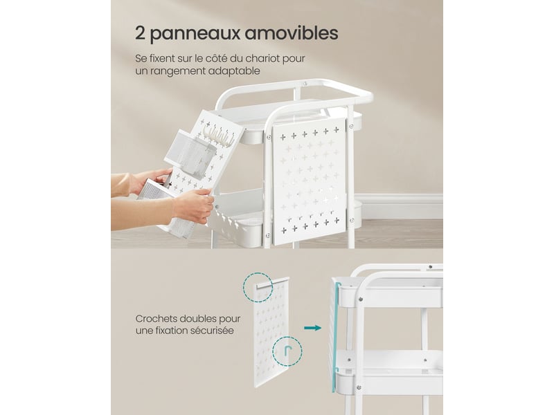  Chariot de rangement 3 plateaux en maille métallique 2 panneaux perforés amovibles 2 supports suspendus 4 crochets pour bureau cuisine salon salle de bain blanc 12_0005012  - Conforama B