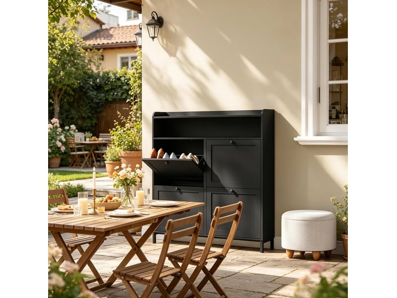 Meuble à chaussures étroit à 4 compartiments abattants en panneaux de particules noir - Conforama C