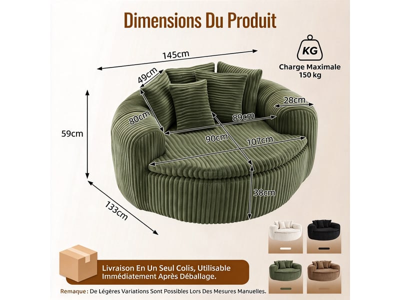  Fauteuil lounge 1 place 145 x 133 x 59 cm en velours côtelé vert, avec assise profonde, accoudoirs et 5 coussins DJ-W3463P5032758-ZMS - Conforama C