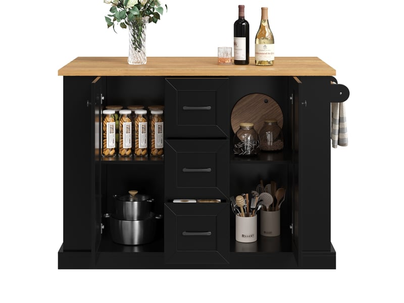  Îlot de cuisine mobile 120x45 (70)x90 cm, plateau rabattable, 3 tiroirs, roulettes verrouillables, mdf, noir  - Conforama A