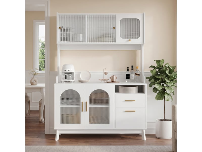  Vaisselier blanc buffet haut de cuisine avec prises et ports usb armoire de salle à manger moderne 120x40x178 cm  - Conforama R