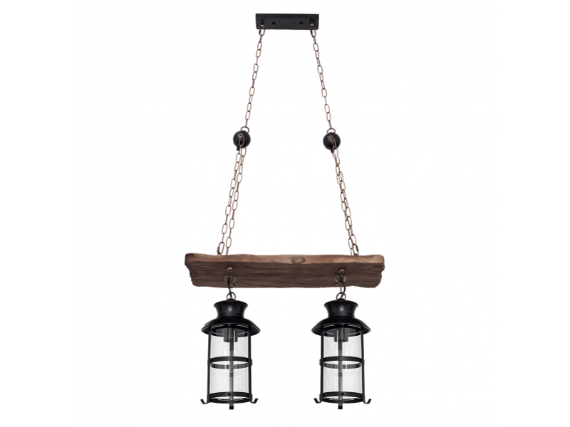  Suspension rustique ABRILA Cortijo 2 lumières E27 marron, bois métal et verre, hauteur réglable 106-132 cm, 51 x 21 cm 124492002 - Conforama A