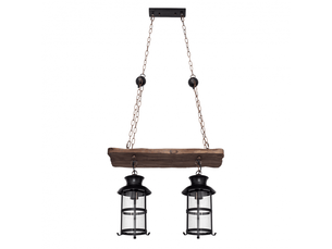 Suspension rustique ABRILA Cortijo 2 lumières E27 marron, bois métal et verre, hauteur réglable 106-132 cm, 51 x 21 cm