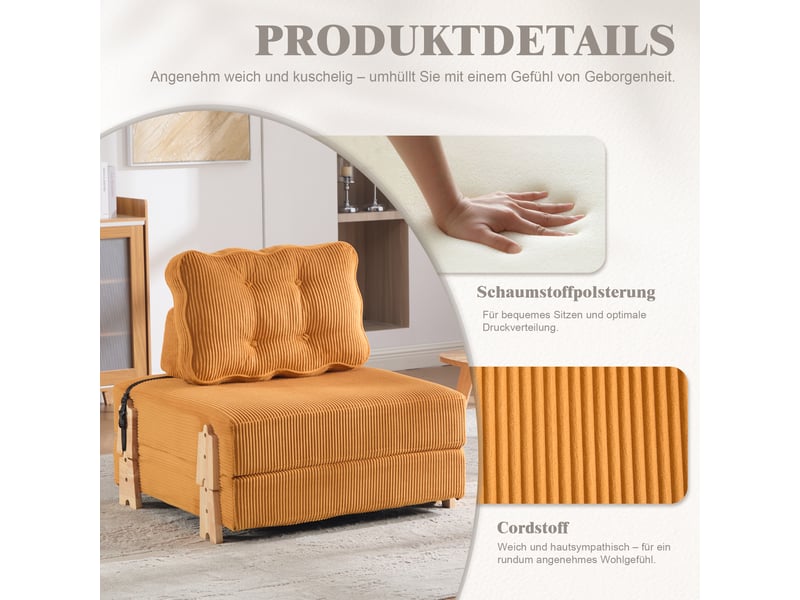 Fauteuil convertible lit single design scandinave cord orange structure bois clair 90x86x84 cm - Conforama D