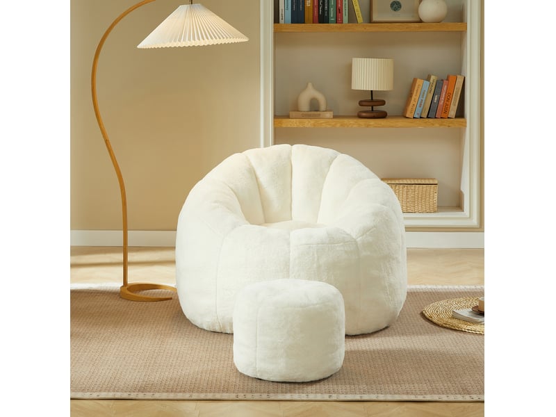 Fauteuil poire modenvie avec repose-pieds, design floral, rembourrage en particules de mousse 30d, blanc cassé, 105 x 105 x 70 cm - Conforama E