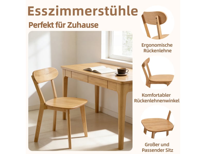  Lot de 2 chaises de salle à manger 100 % bois massif, style mid-century, dossier incurvé ergonomique, patins réglables, finition naturelle  - Conforama E