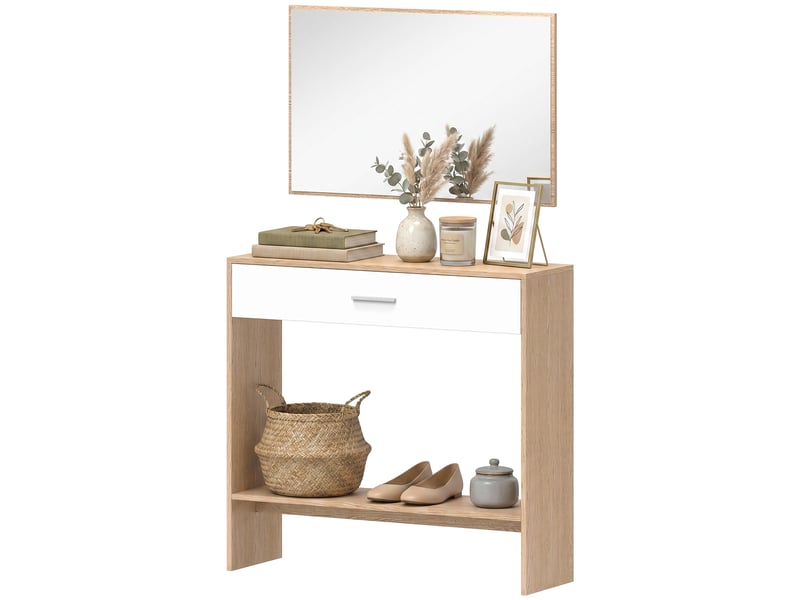  Console d'entrée avec miroir, tiroir et étagère, meuble d'entrée, 91,5 x 27,9 x 85,5 cm, chêne  - Conforama B