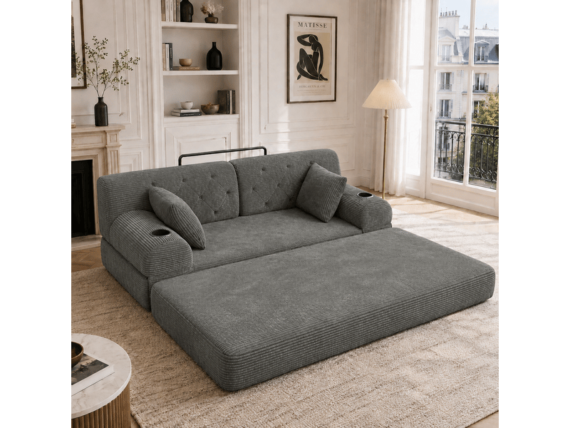  Canapé convertible 2 places en velours côtelé gris foncé avec poches latérales  - Conforama C