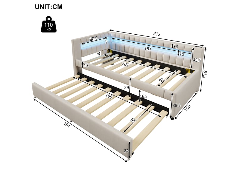  Lit de jour 90x200 avec lit gigogne et led - ports usbtype-c, lin beige  - Conforama C