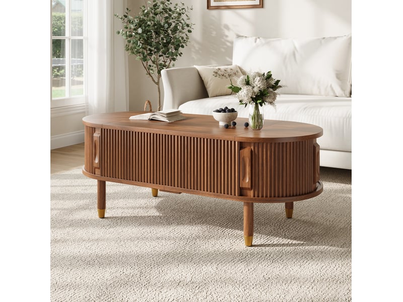  Table basse tcqpz ovale 110 x 48 cm plateau relevable hydraulique rangement portes coulissantes mdf bois d'hévéa noyer  - Conforama E