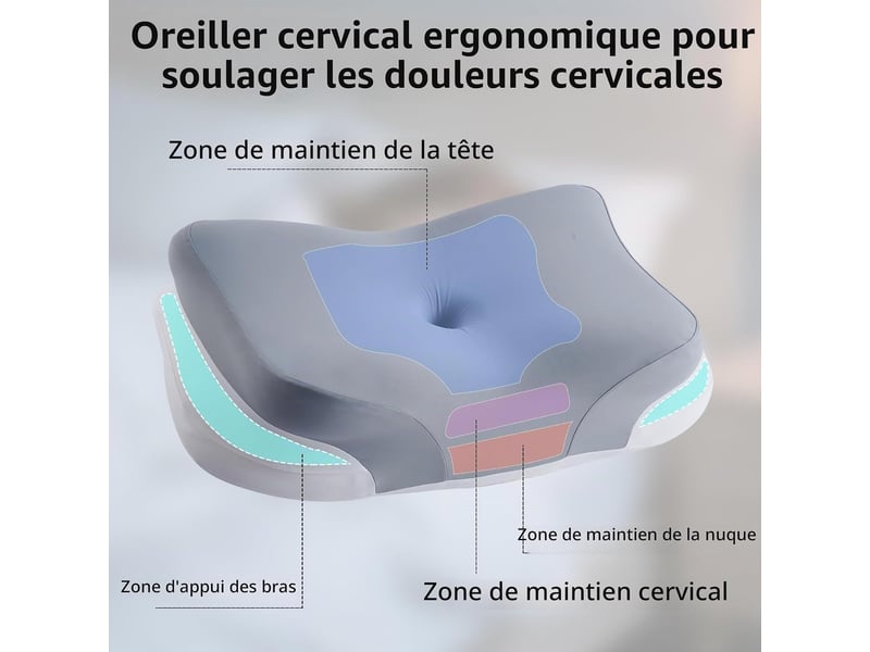 Oreiller ergonomique cervical,soulage douleur cervicales coussin cervicale,adapté aux dormeurs côtédosventre, housse lavable(60x37x12cm) - Conforama D