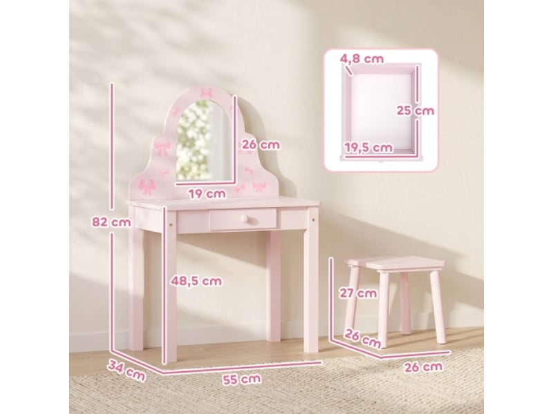  Coiffeuse enfant 2 en 1 rose, bureau avec miroir amovible, tiroir et tabouret, filles 3-6 ans  - Conforama B