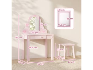 Coiffeuse enfant 2 en 1 rose, bureau avec miroir amovible, tiroir et tabouret, filles 3-6 ans