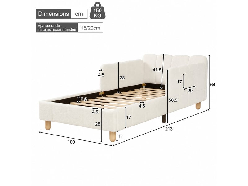 Lit enfant rembourré 90 x 200 cm avec tête de lit capitonnée et garde-corps, pieds en bois massif, bouclé beige - Conforama C