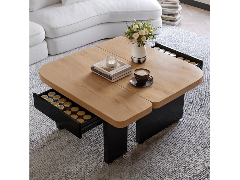 Table basse 2-en-1 90x60x44.5 cm en mdf, led, 2 tiroirs, effet bois naturel et noir - Conforama D
