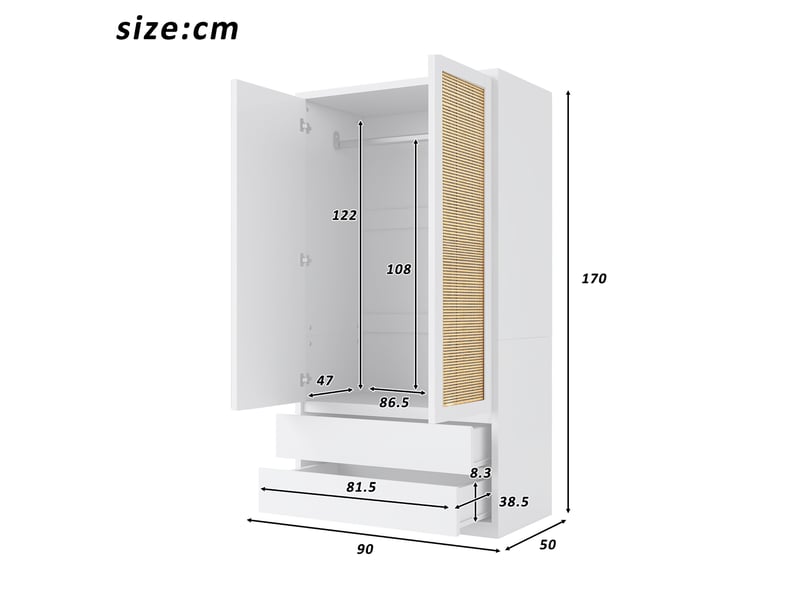 Armoire penderie de chambre 90x50x170 cm - 2 portes - 2 tiroirs - effet rotin - bois et bois reconstitué - blanc - Conforama C
